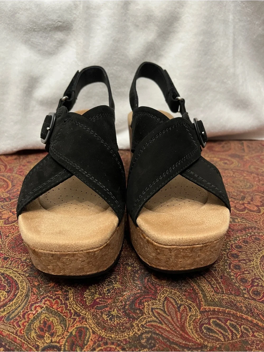 Clarks Nerisa Pace Wedge Heel Sandals - Black Nubuck - NWT - 8.5 Medium